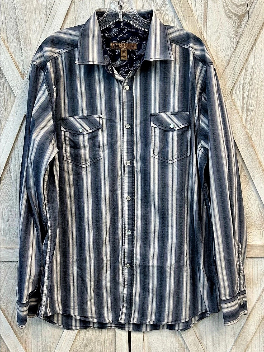 Men’s XL Western Pearl Snap Shirt Gray Blue Stripe Paisley Long Sleeve